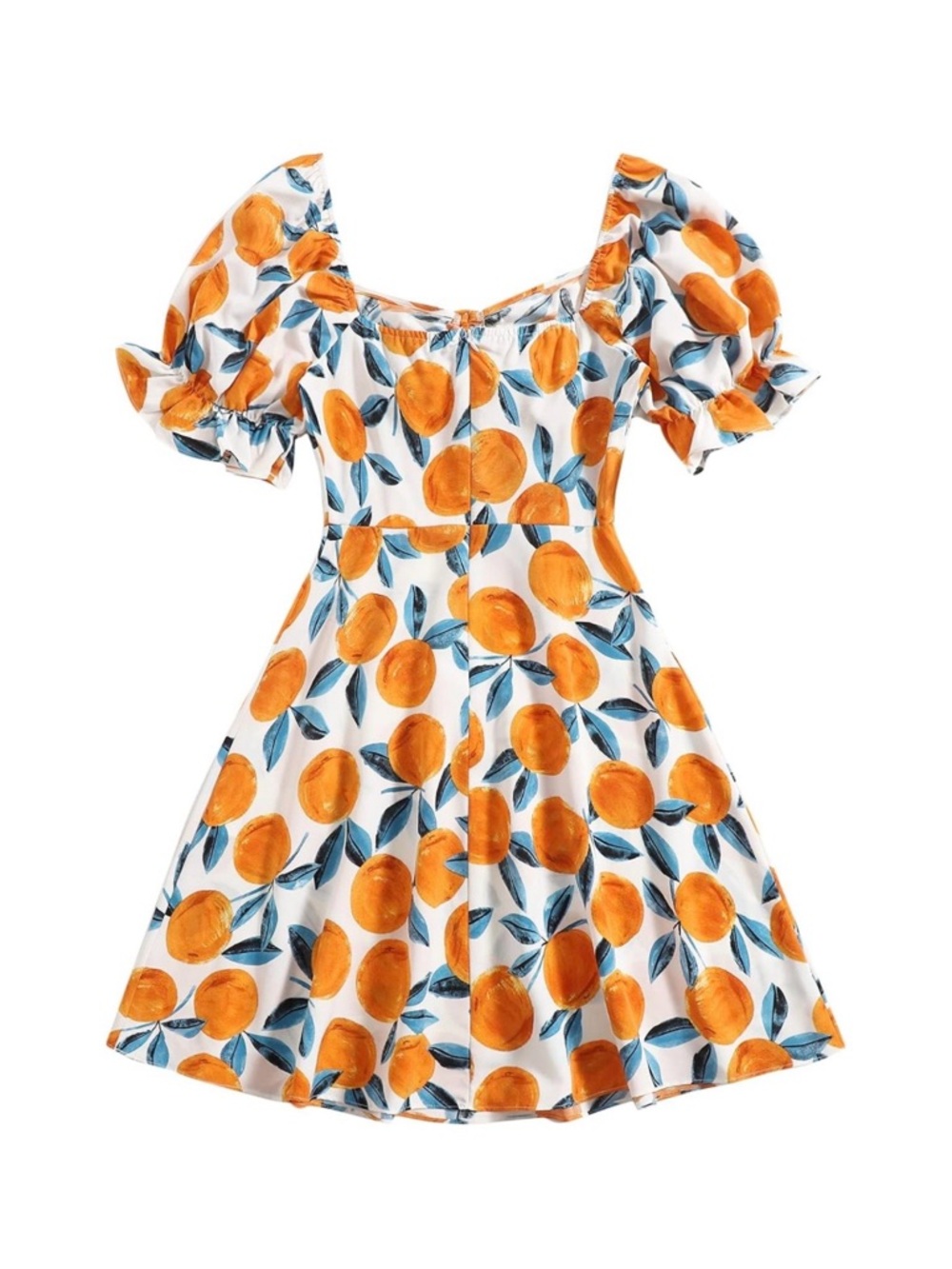 Orange Print Puff-Sleeve Summer Dress - Picture 2 of 6